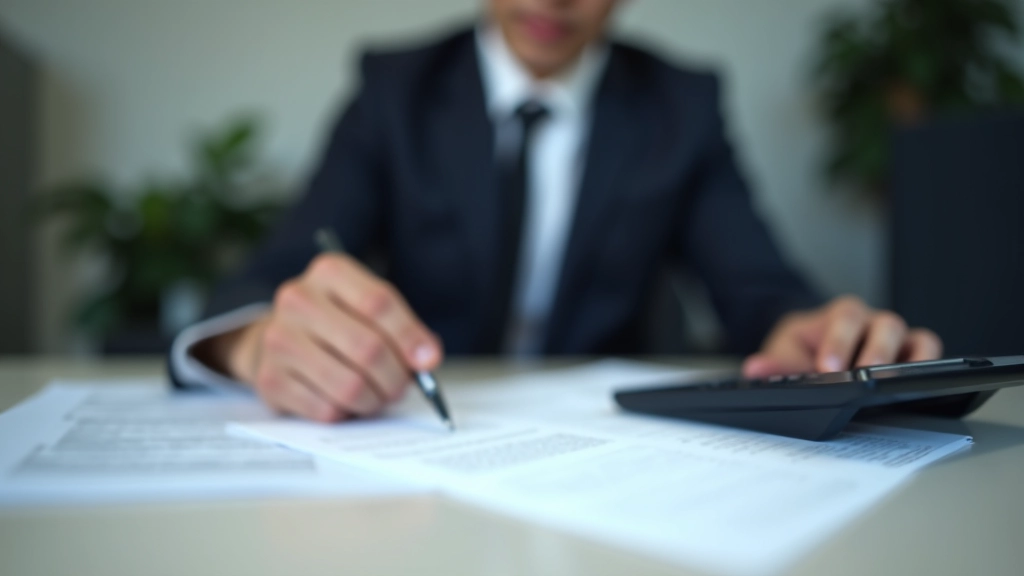 Accountant working with calculator and ledger, professional workspace with documents