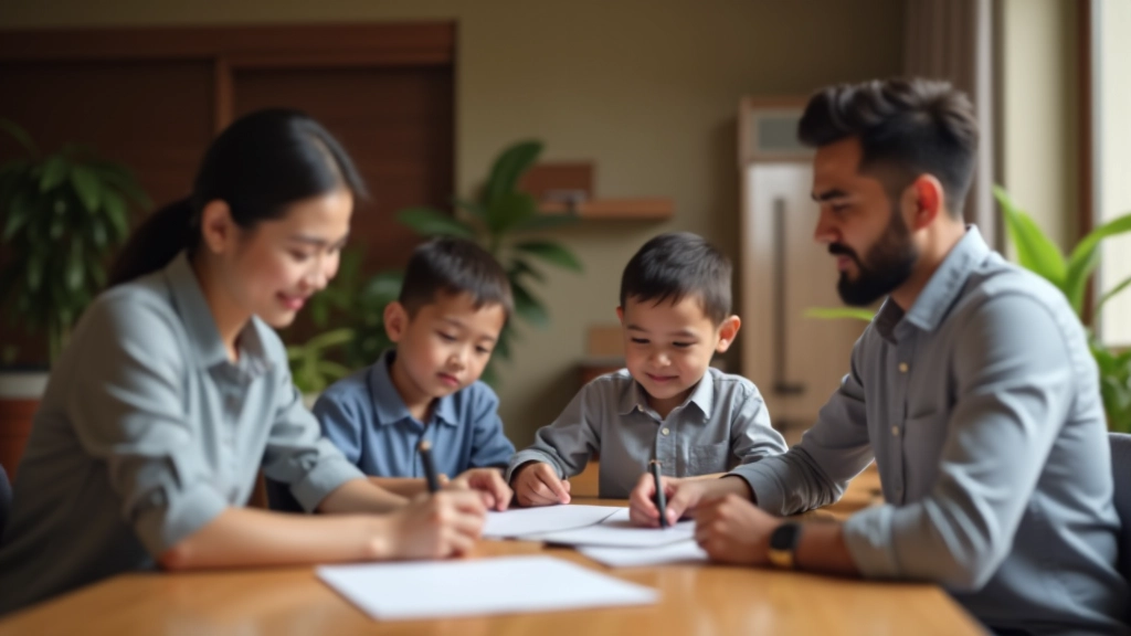 Diverse family members seated at dining table reviewing financial documents together, warm lighting in modern home