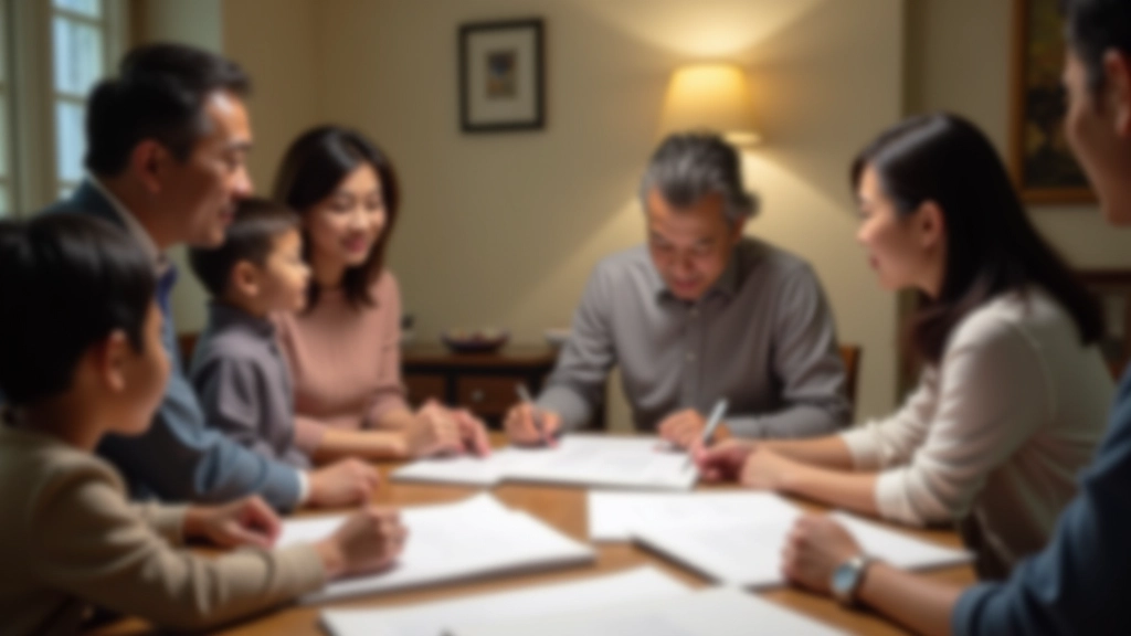 Family gathered around dining table, papers and documents spread out, discussing together