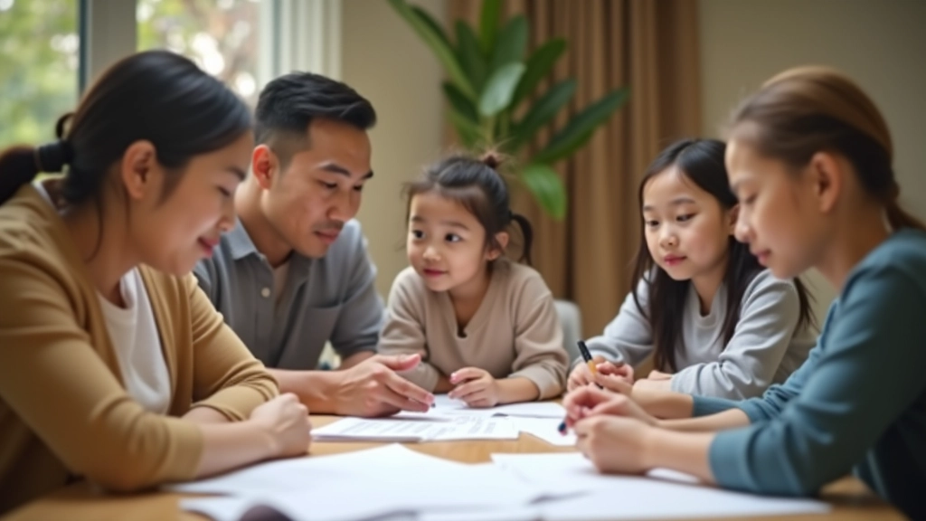 Diverse Malaysian family gathered at dining table with documents and papers, discussing and planning together