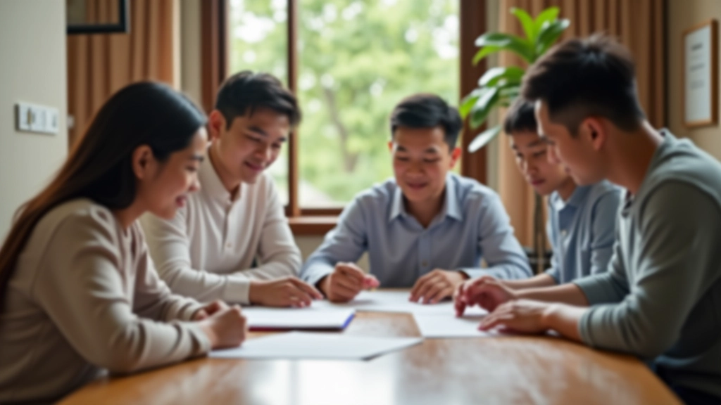Malaysian family gathered around dining table reviewing documents together, warm afternoon lighting through windows