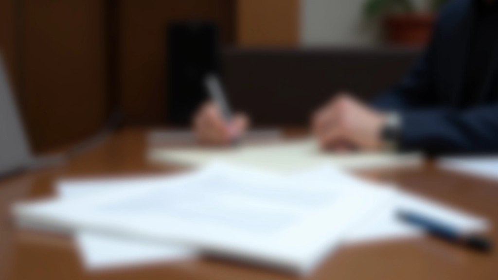 Close-up of signed legal documents and property deed on wooden desk with pen