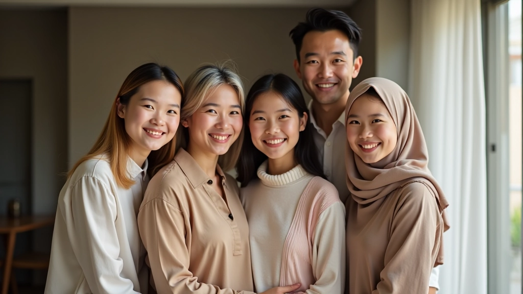 Multi-generational Asian family, grandparents to grandchildren, standing together in home setting, happy and united expression
