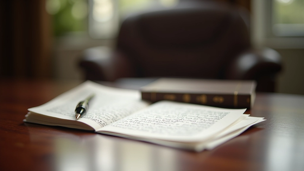 Close-up of calligraphy pen and Islamic law book on wooden desk, professional office setting with natural lighting