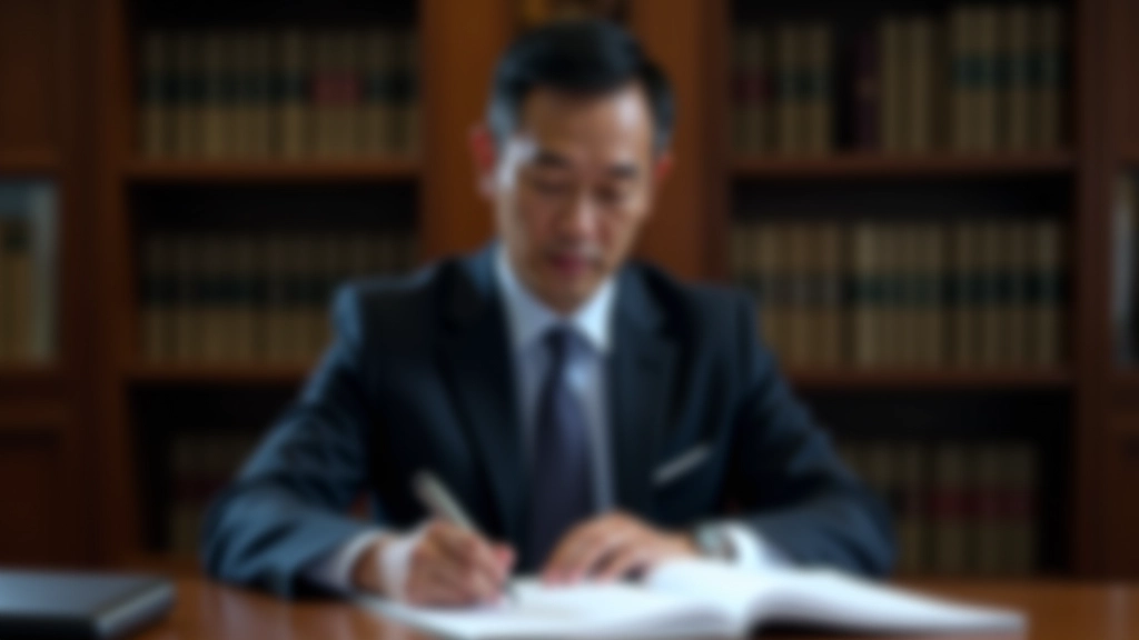 Lawyer at desk with legal documents spread out, reviewing paperwork with pen in hand