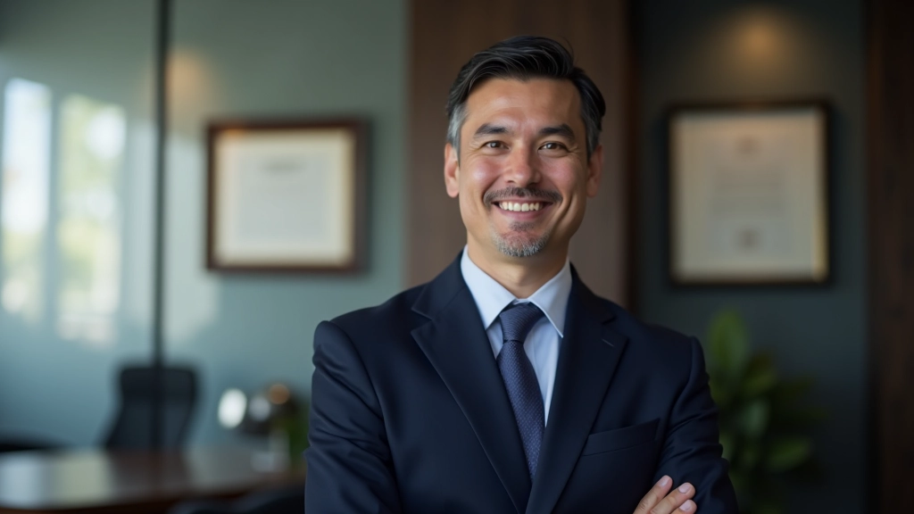 Lawyer in office reviewing trust documents, professional setting with framed certificates