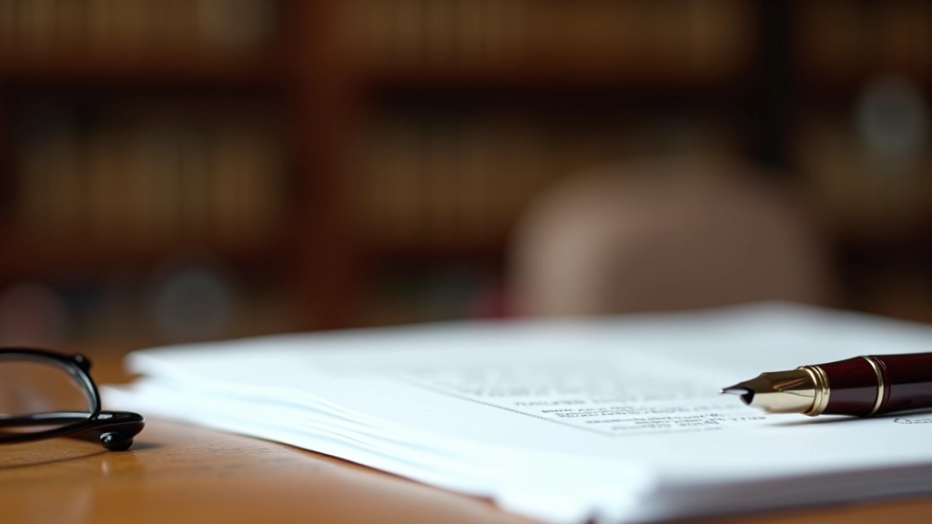 Legal documents and pen on mahogany desk with reading glasses, warm library lighting