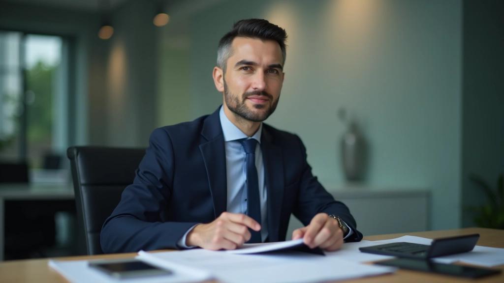 Tax consultant reviewing financial documents and property valuations at office desk