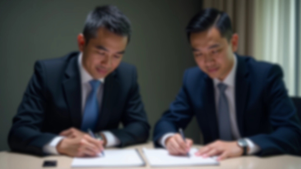 Two men in formal attire witnessing document signing, seated at office table with papers