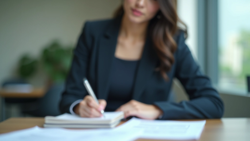 Woman writing notes in notebook at desk with legal documents organized in folders nearby