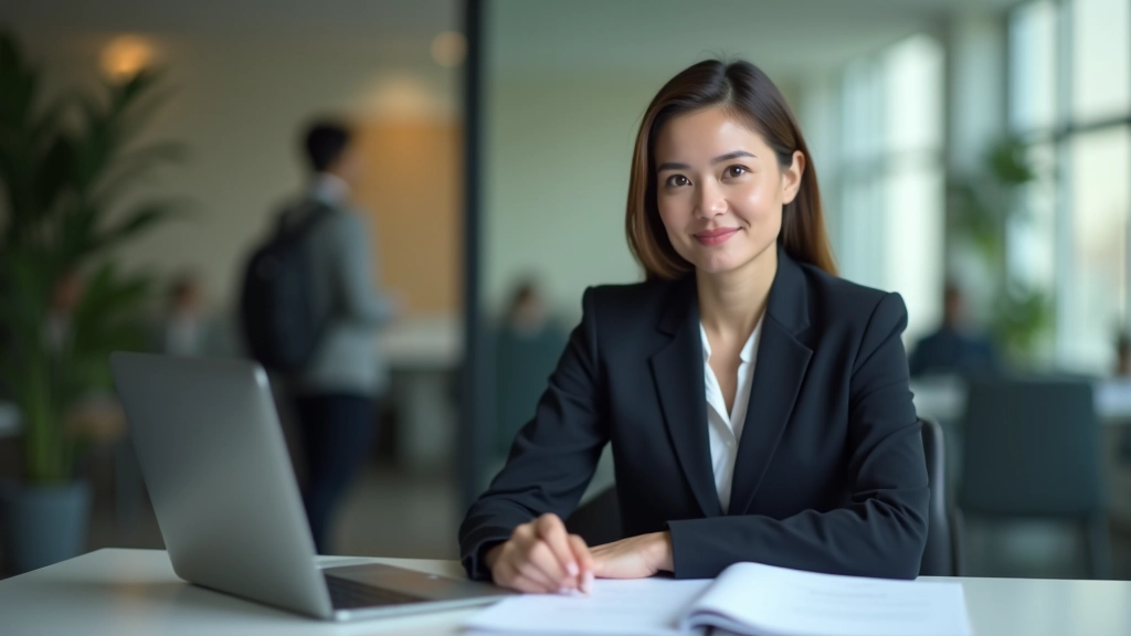 Female accountant aged 40, fully clothed in professional attire, sitting at desk with financial spreadsheets and documents, modern office environment